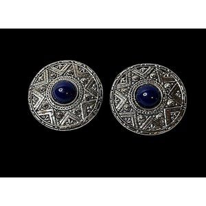 Vintage Andrew Scott Medallion Post Earrings Silver Tone with Blue Stone